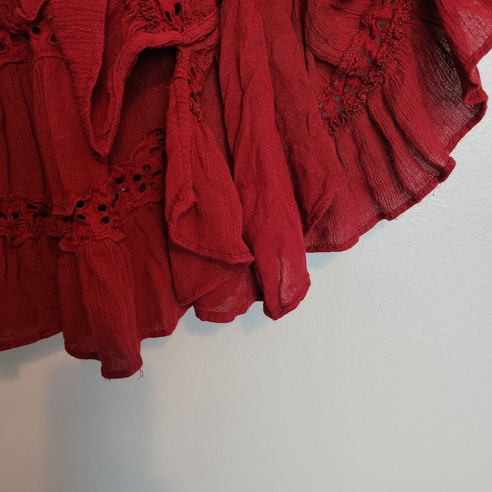Free People Snow Angel Ruffle Eyelet V-neck Boho Bohemian Mini Dress in Wine - Picture 10 of 12